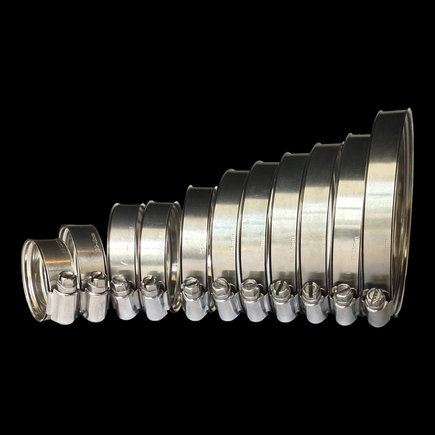 Constant tension hose clamps in stainless and black finishes